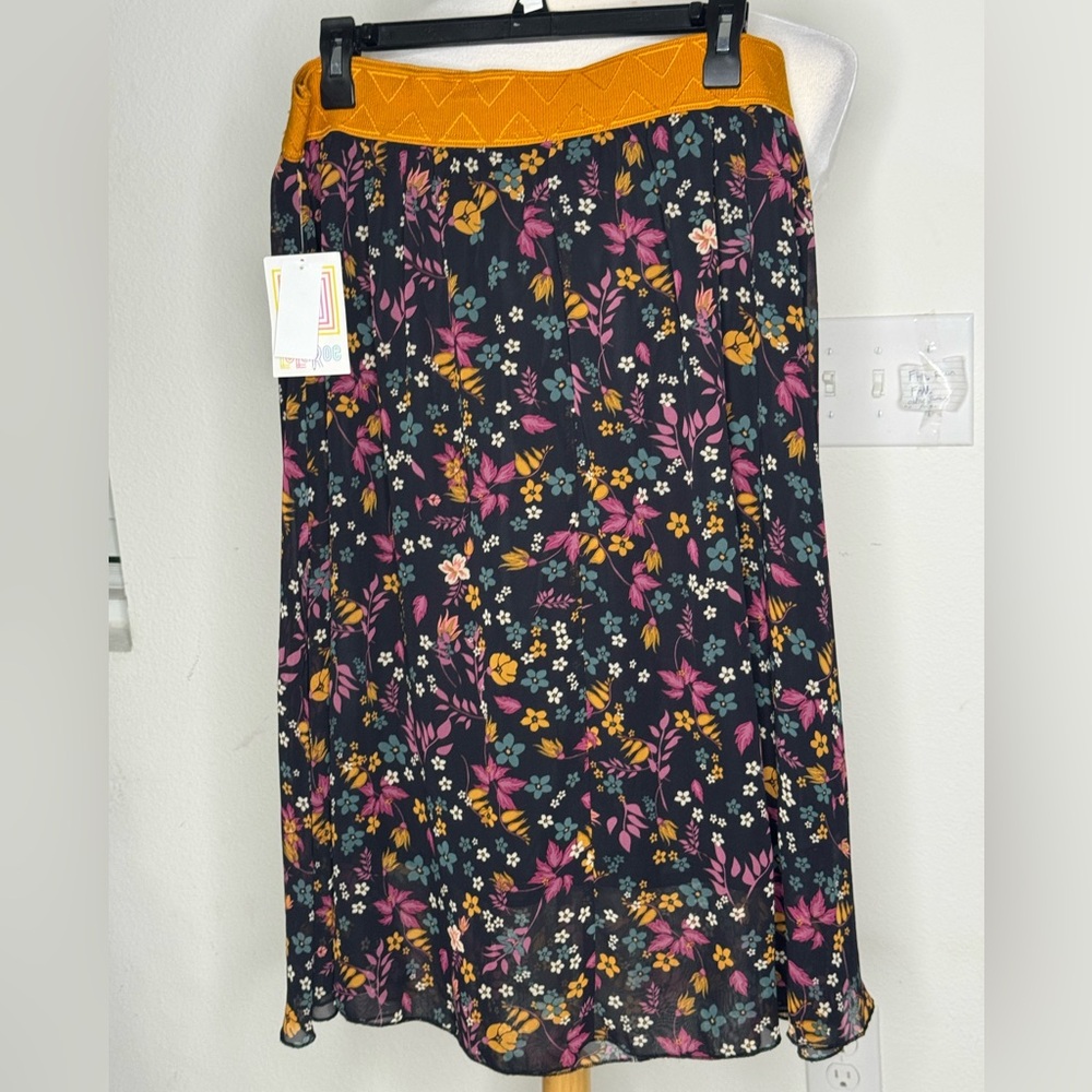 Lularoe Skirt Floral Black with Mustard yellow, fuchsia & white flowers Xl Lola